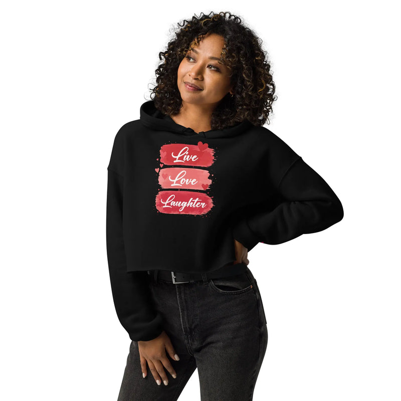 Black cropped hoodie with red Live Love Laughter heart design