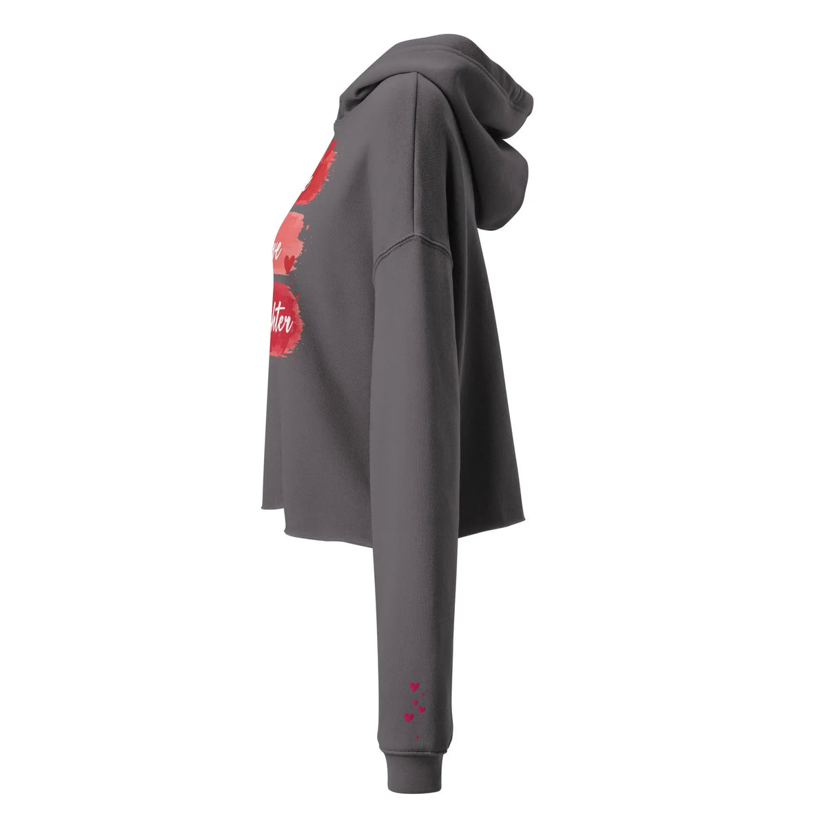 Grey cropped hoodie with red Live Love Laughter heart design