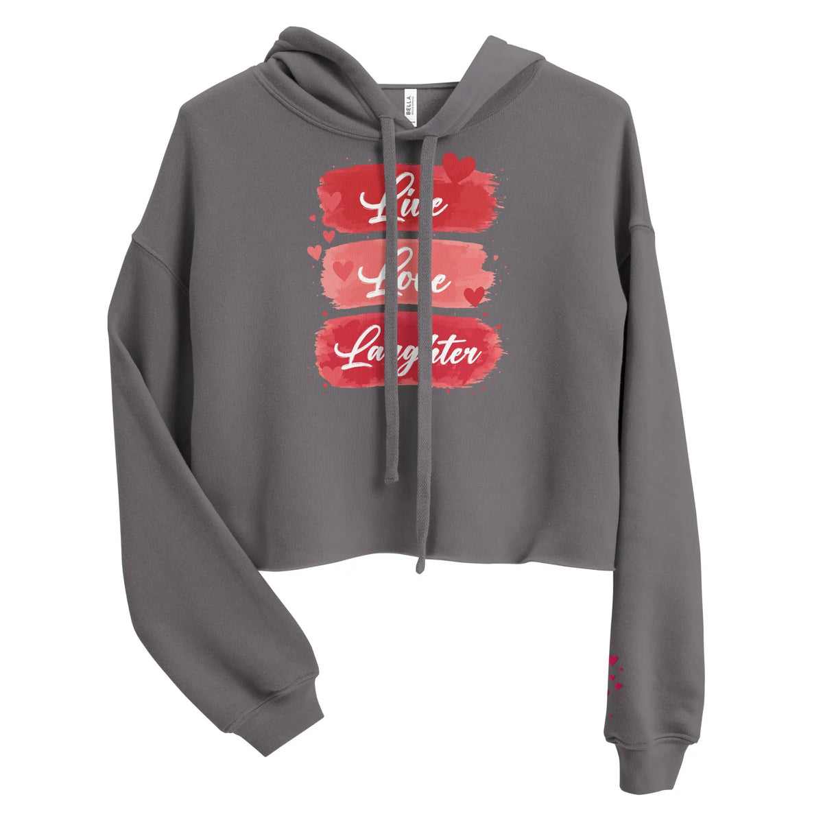 Grey cropped hoodie with red Live Love Laughter heart design