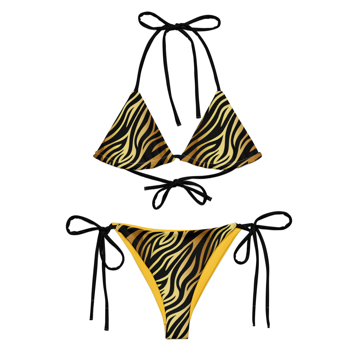 Black and gold tiger print two-piece string bikini with triangle top and tie-side bottoms
