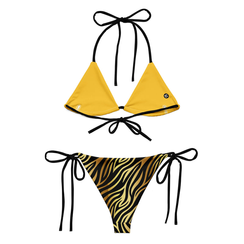 Black and gold tiger print two-piece string bikini with triangle top and tie-side bottoms