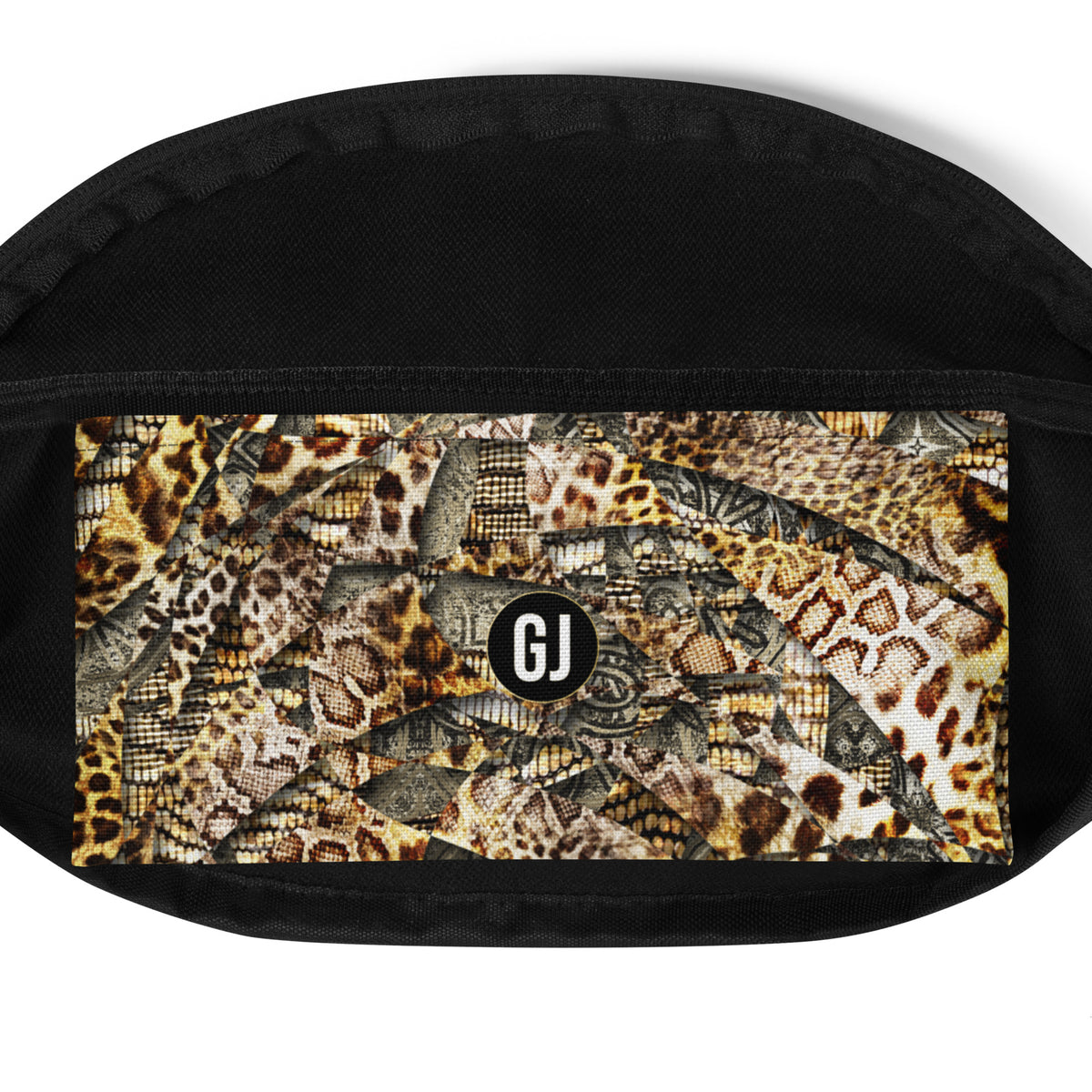 Inside Majestic Animal Complex print fanny pack worn as a bold statement belt bag
