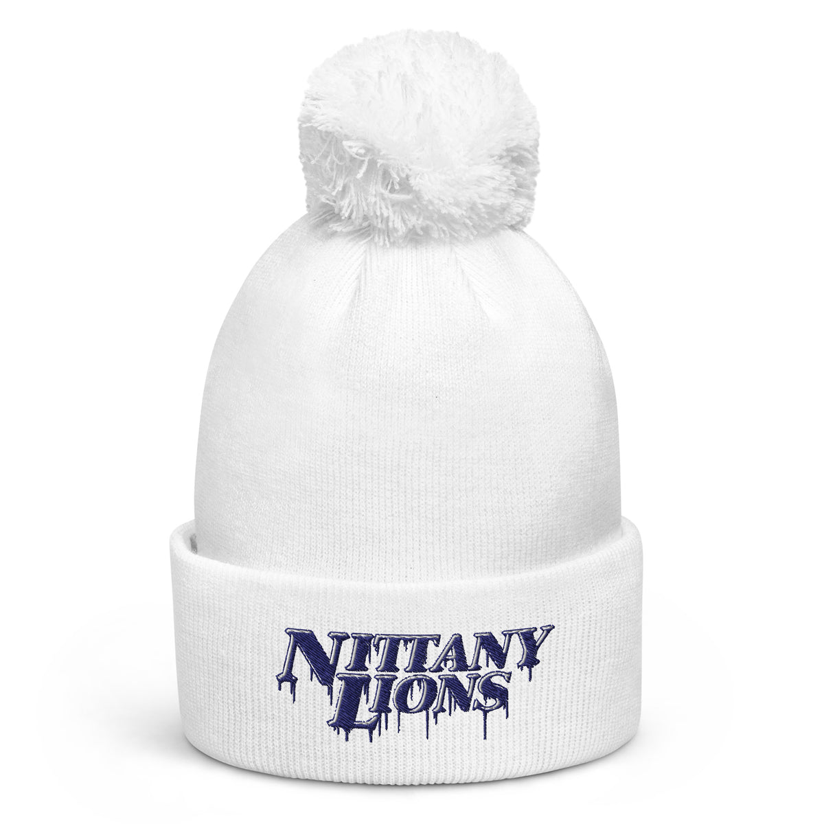 White pom pom beanie with bold embroidered Nittany Lions lettering on the front cuff