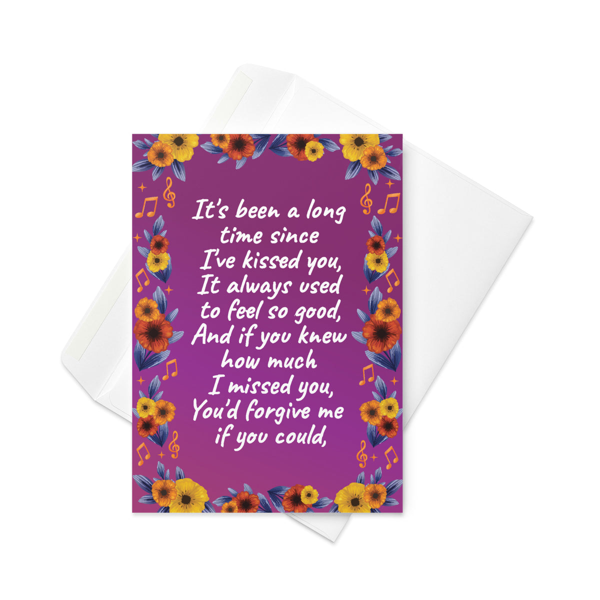Purple floral I miss you greeting card with romantic message and orange musical-note accents