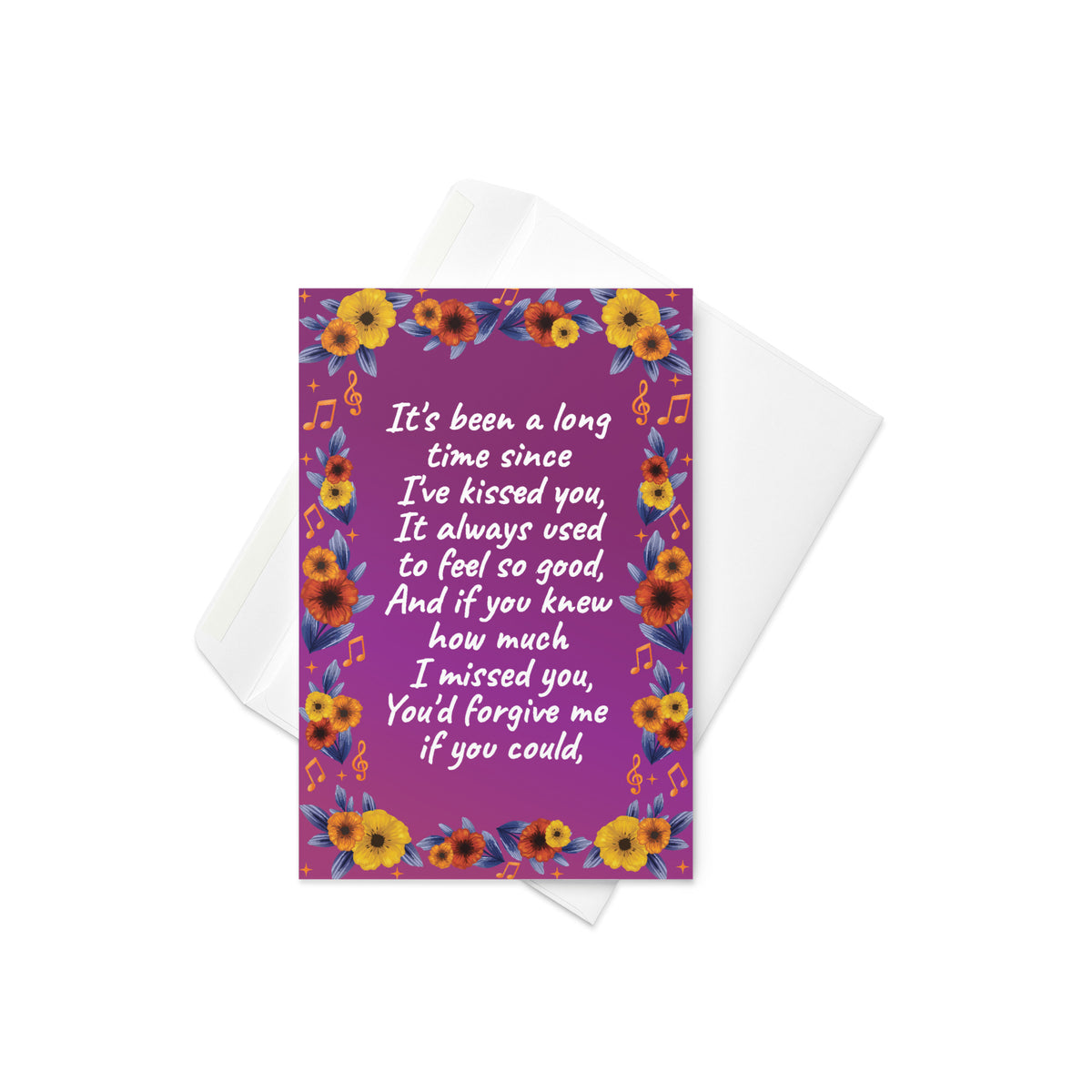 Purple floral I miss you greeting card with romantic message and orange musical-note accents