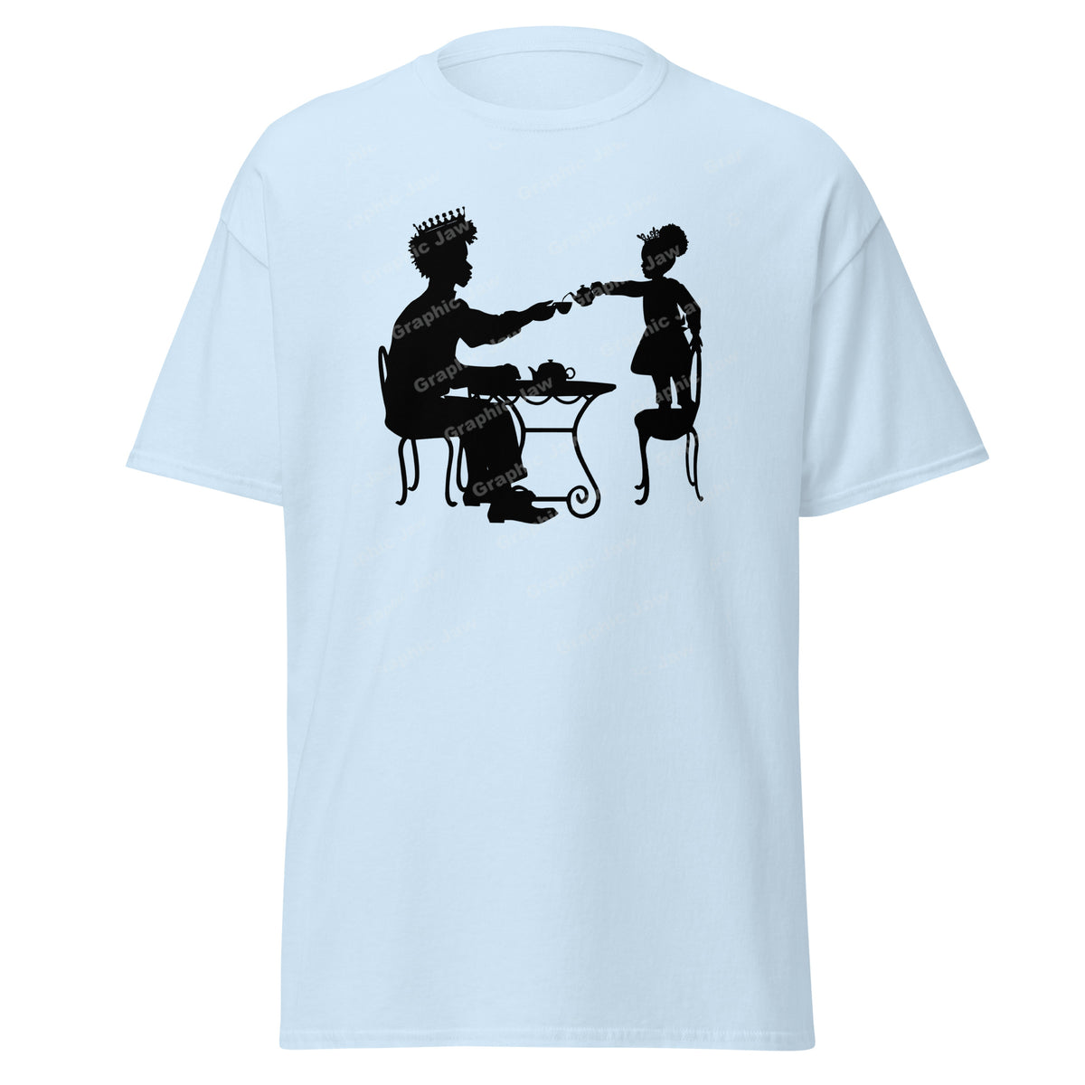 African American King and Young Daughter Having A Tea Party Light Blue T-shirt