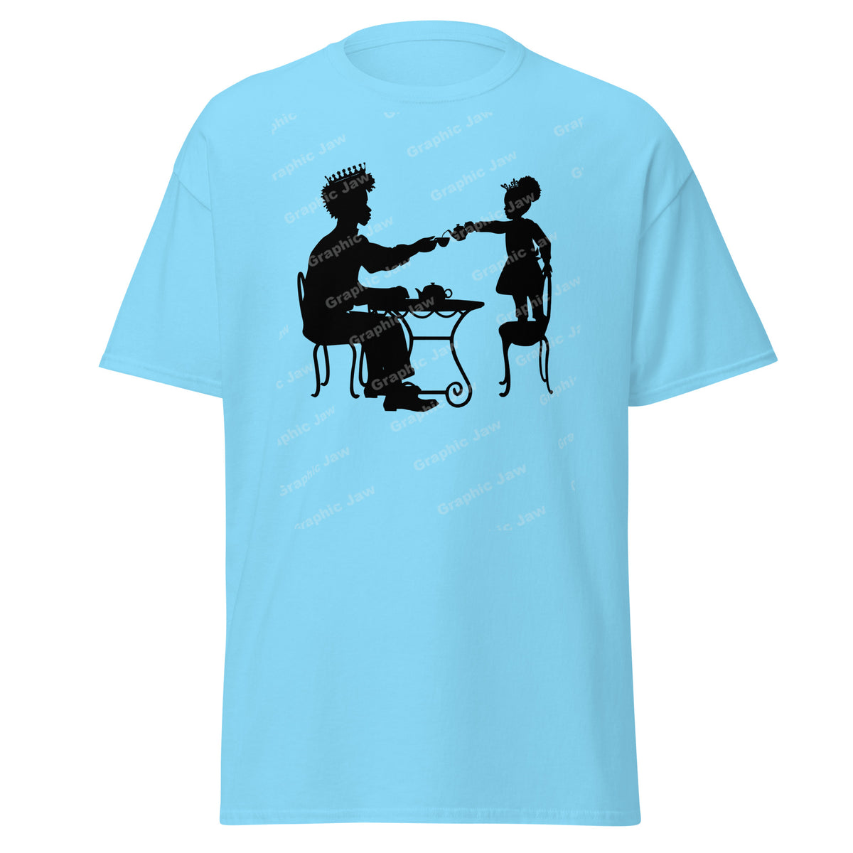 African American King and Young Daughter Having A Tea Party Sky Blue T-shirt