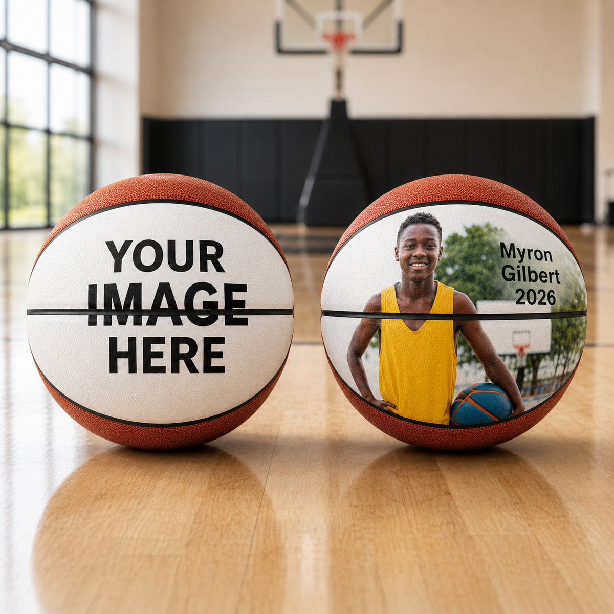Personalized 2-panel custom basketball with photo, name, and year design, available as a sports keepsake gift