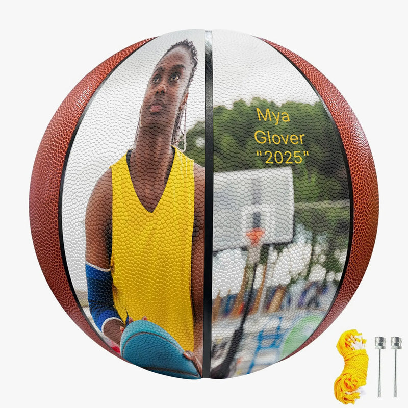 Personalized 2 panel custom basketball with photo, name, and year printed on the front panels – unique sports gift for players, coaches, seniors, and basketball fans.