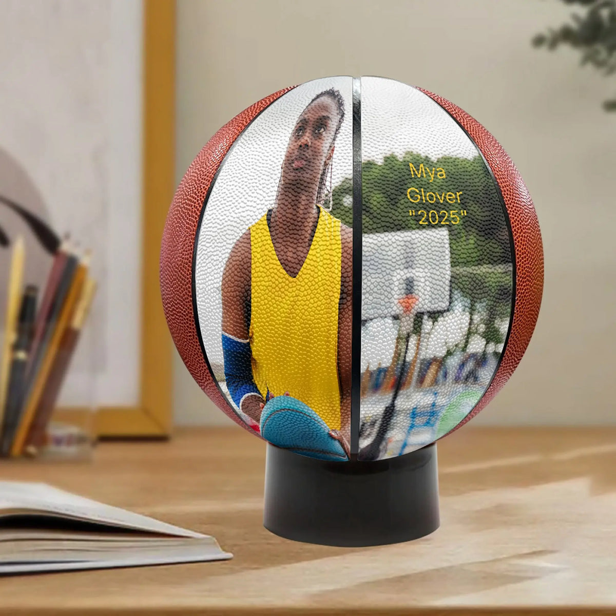 Personalized 2 panel custom basketball with photo, name, and year printed on the front panels – unique sports gift for players, coaches, seniors, and basketball fans.