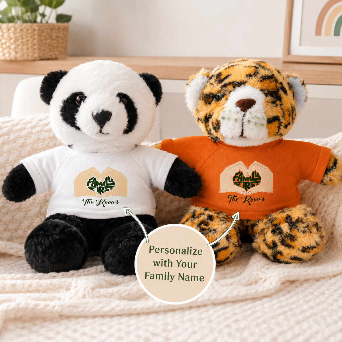 Personalized Family First stuffed animal wearing a custom family name shirt, available as bear, sheep, bunny, jaguar, panda, or lion