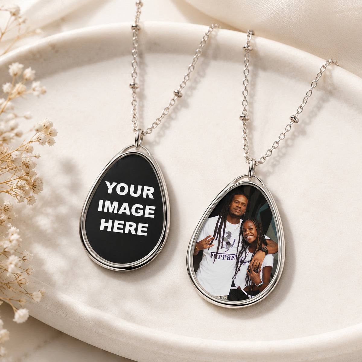 Personalized oval necklace with custom engraved name or date on an ellipse-shaped pendant, designed as a meaningful gift for her