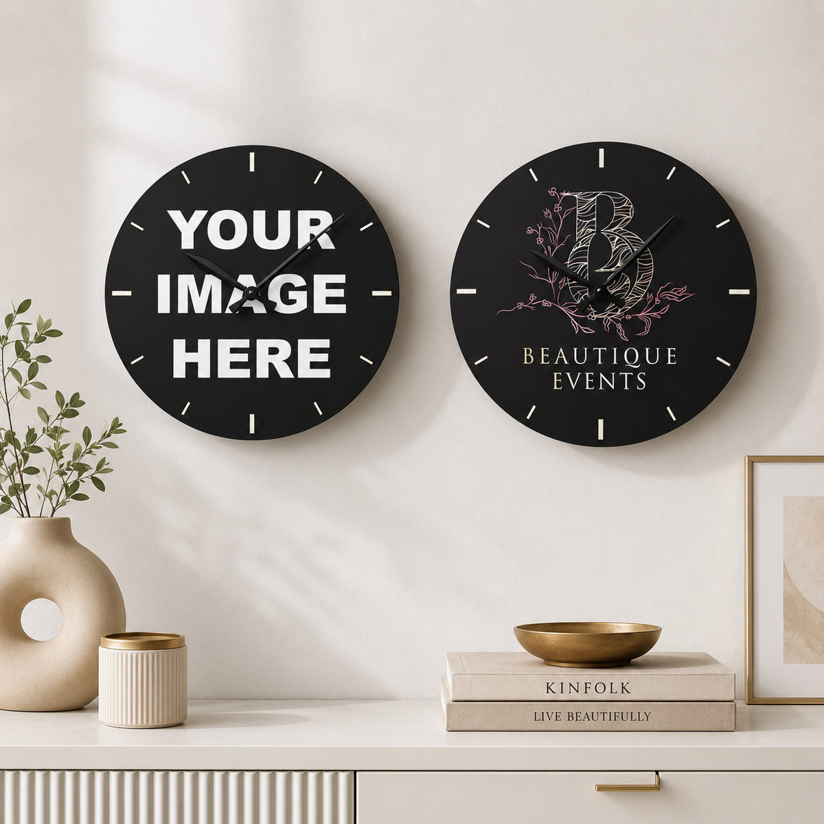 Personalized acrylic wall clock with custom photo or logo design available in round and square shapes