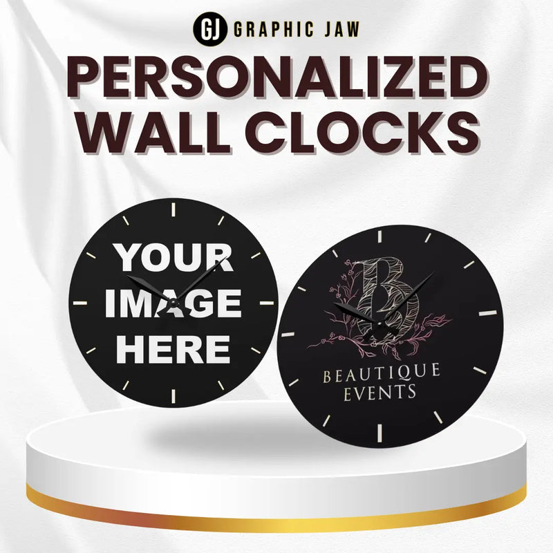 Personalized acrylic wall clock with custom photo or logo design available in round and square shapes