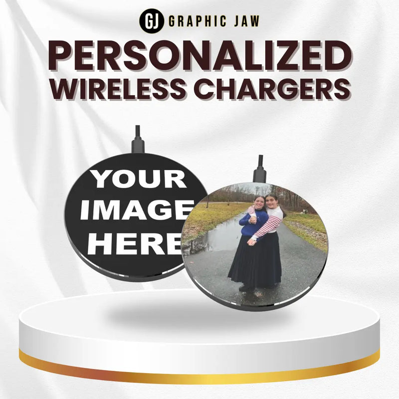 Personalized round wireless charger with custom photo or artwork, black base, aluminum casing, and acrylic face plate