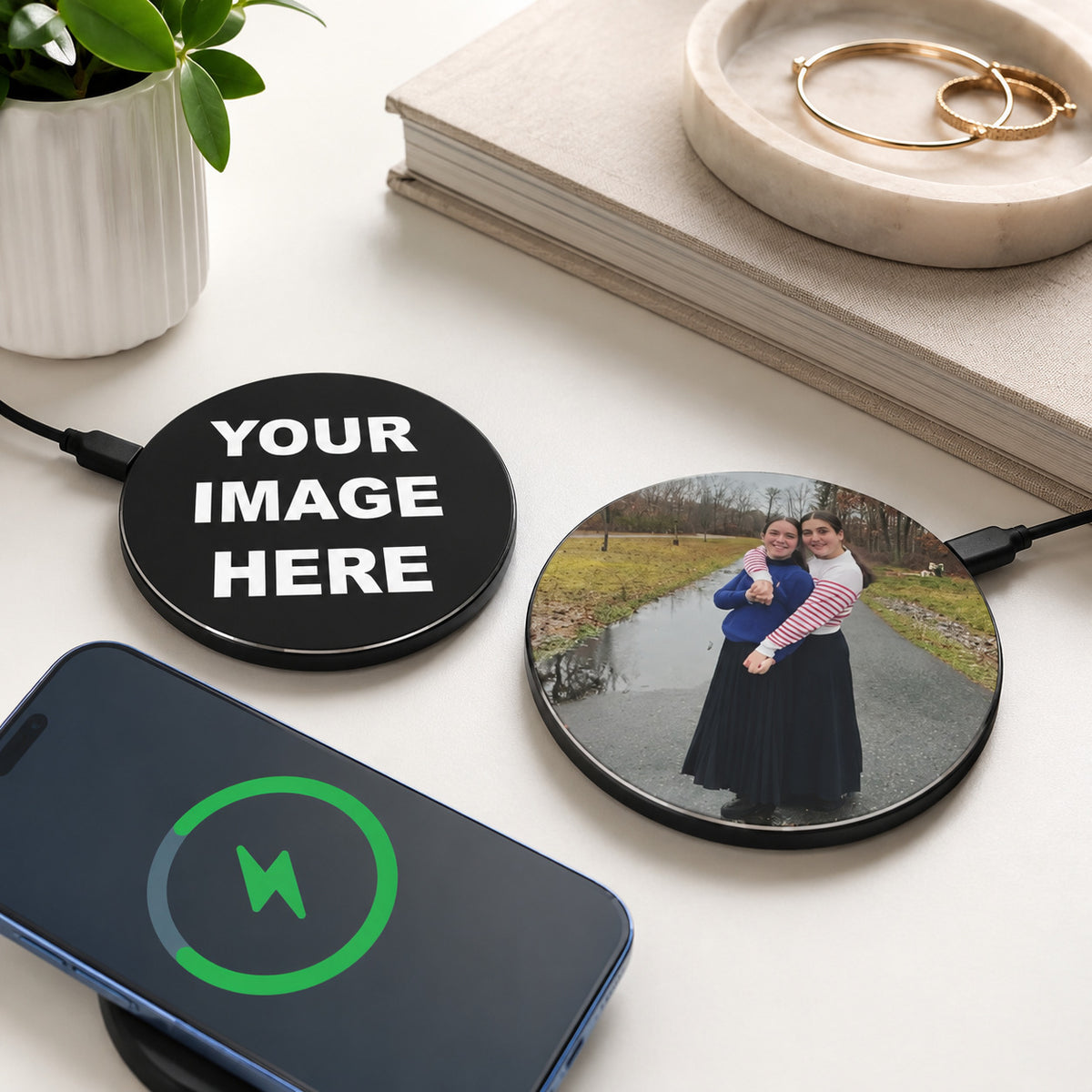 Personalized round wireless charger with custom photo or artwork, black base, aluminum casing, and acrylic face plate