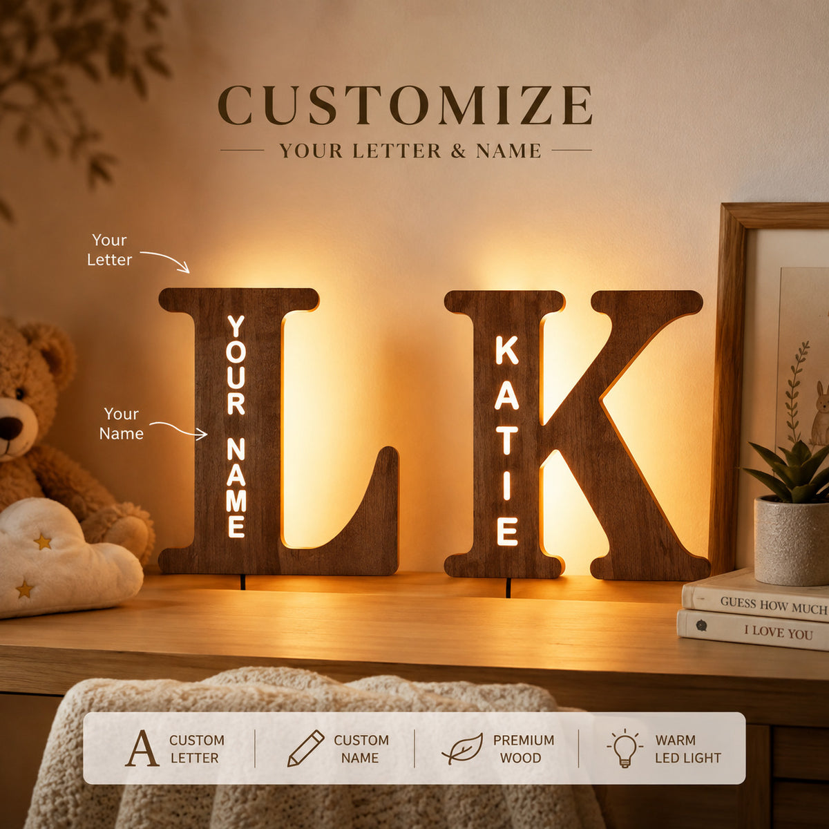 Personalized wooden alphabet LED night light with hollow-engraved letter and custom name illuminated by a soft ambient glow