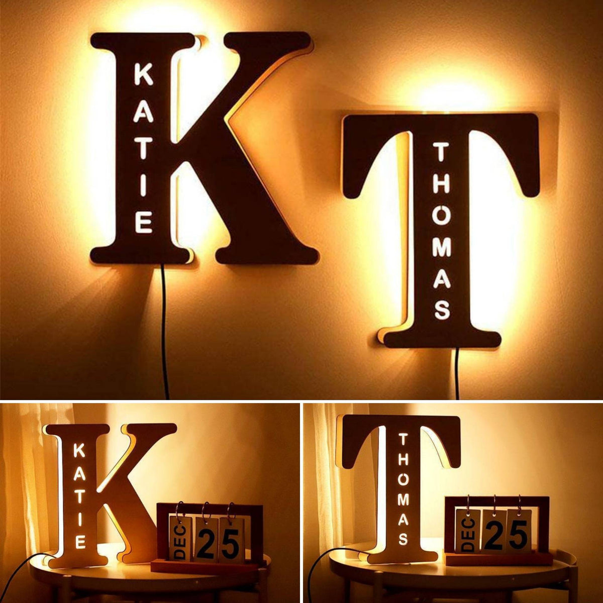Personalized wooden alphabet LED night light with hollow-engraved letter and custom name illuminated by a soft ambient glow