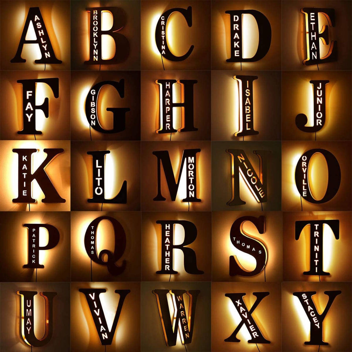 Personalized wooden alphabet LED night light with hollow-engraved letter and custom name illuminated by a soft ambient glow