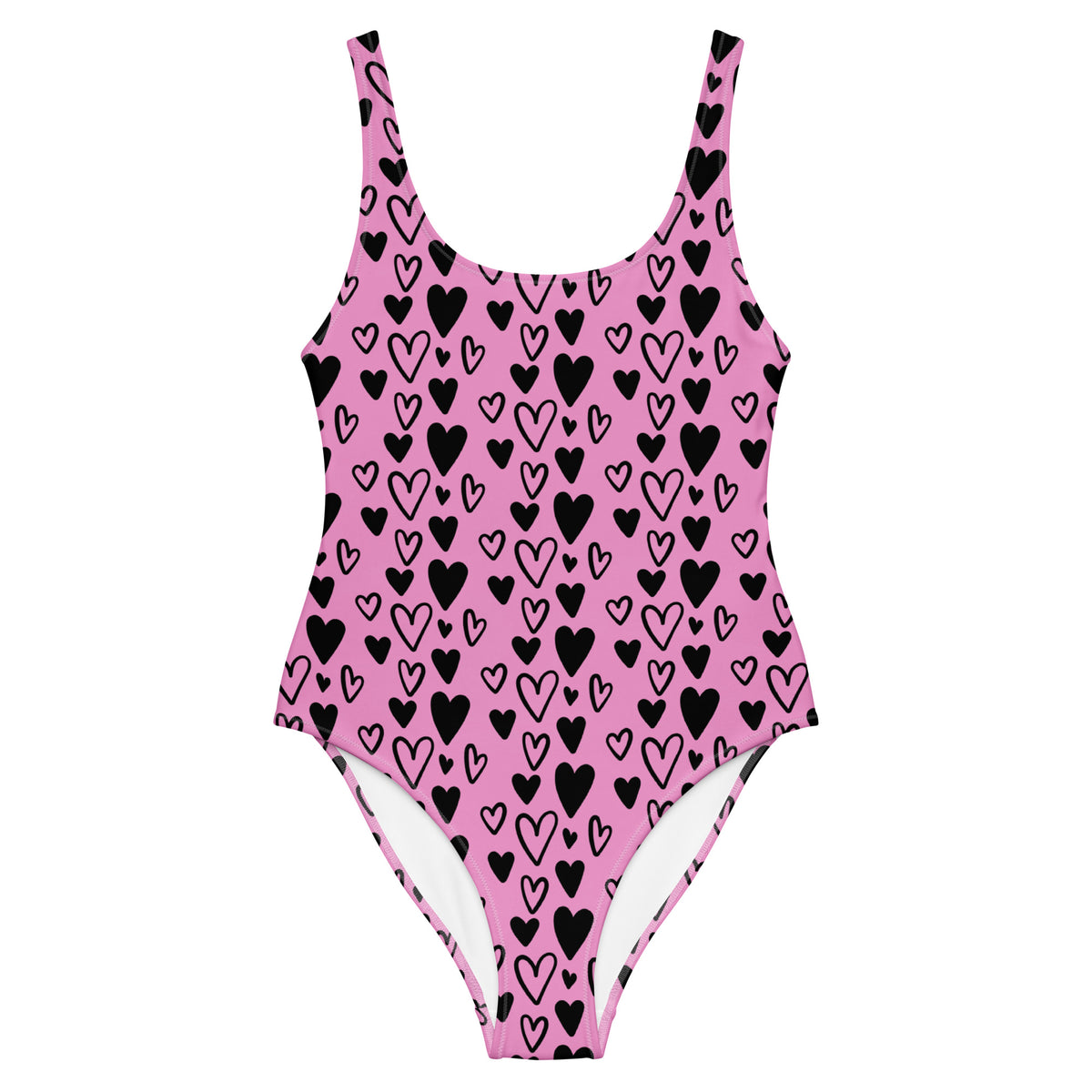 Pink one-piece swimsuit covered in solid and outlined black heart prints with scoop neckline