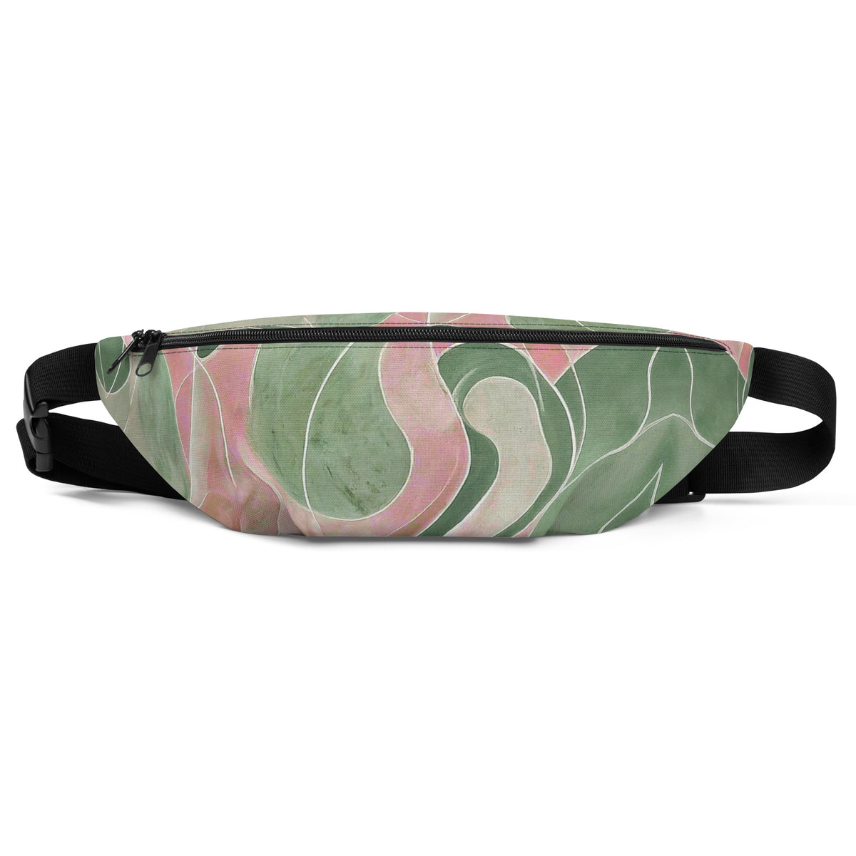 Pink and green marble print fanny pack worn as a retro abstract belt bag