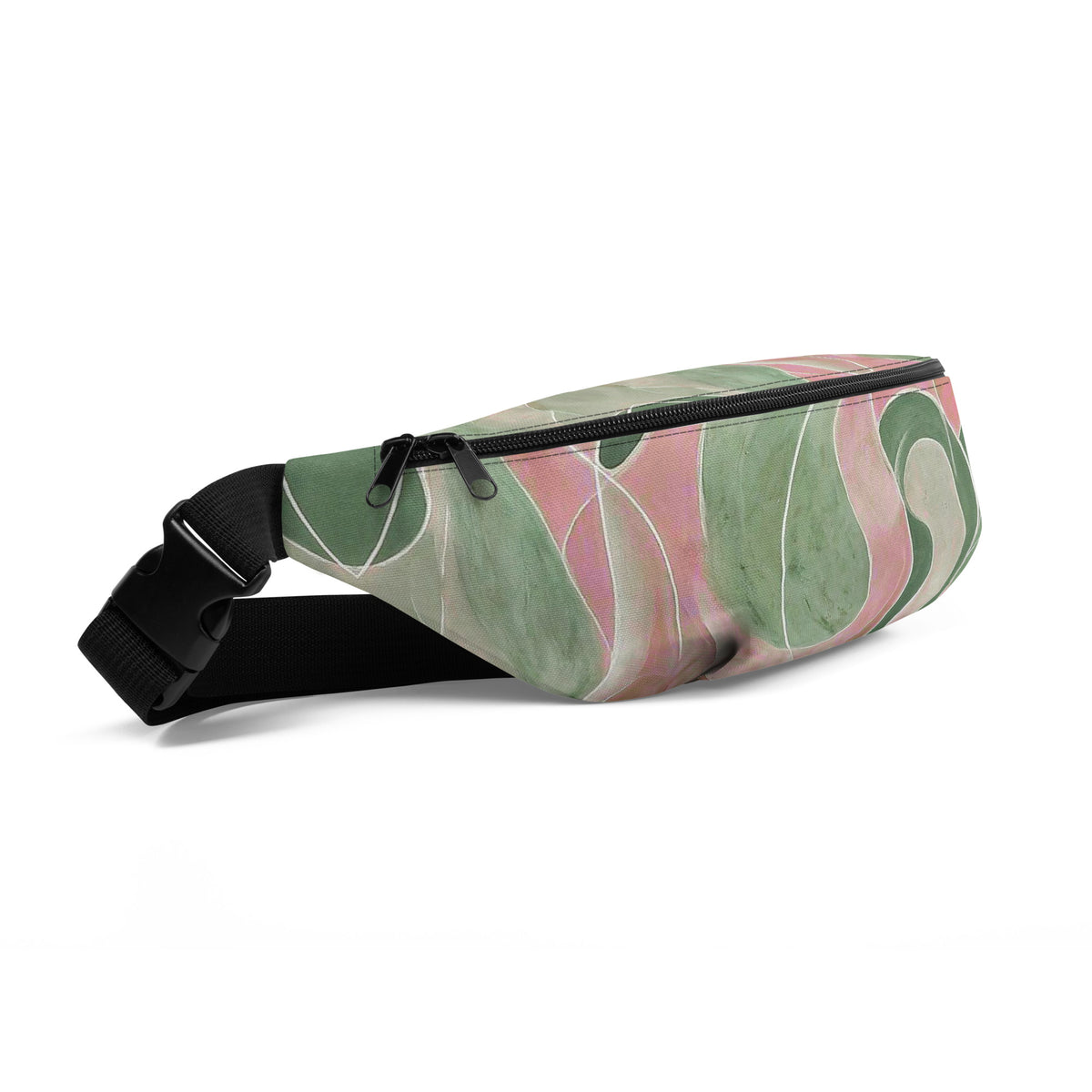 Pink and green marble print fanny pack worn as a retro abstract belt bag