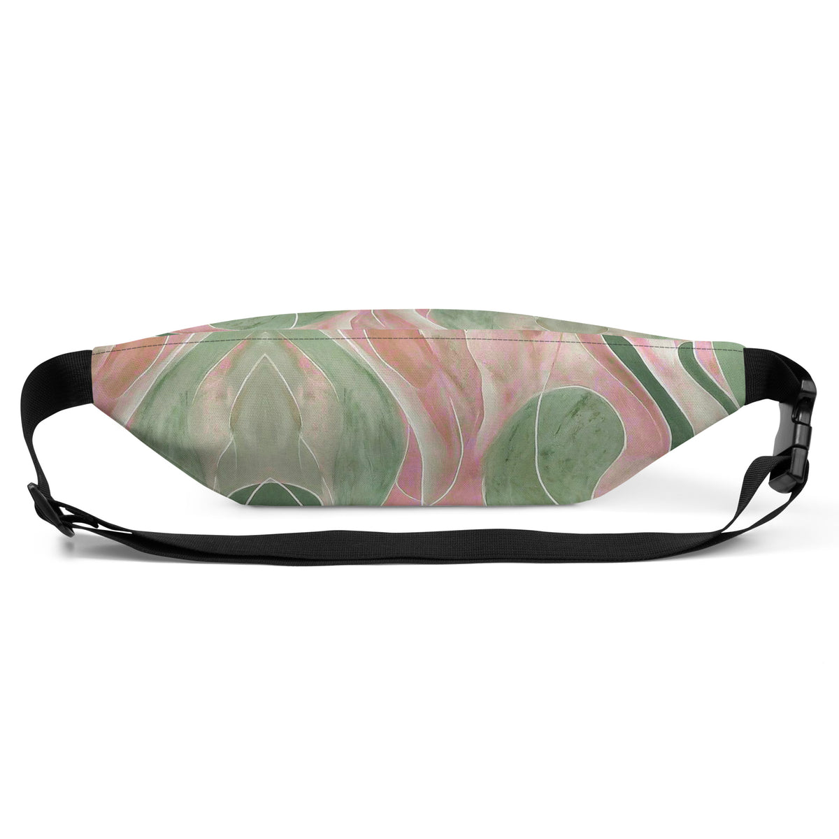 Pink and green marble print fanny pack worn as a retro abstract belt bag