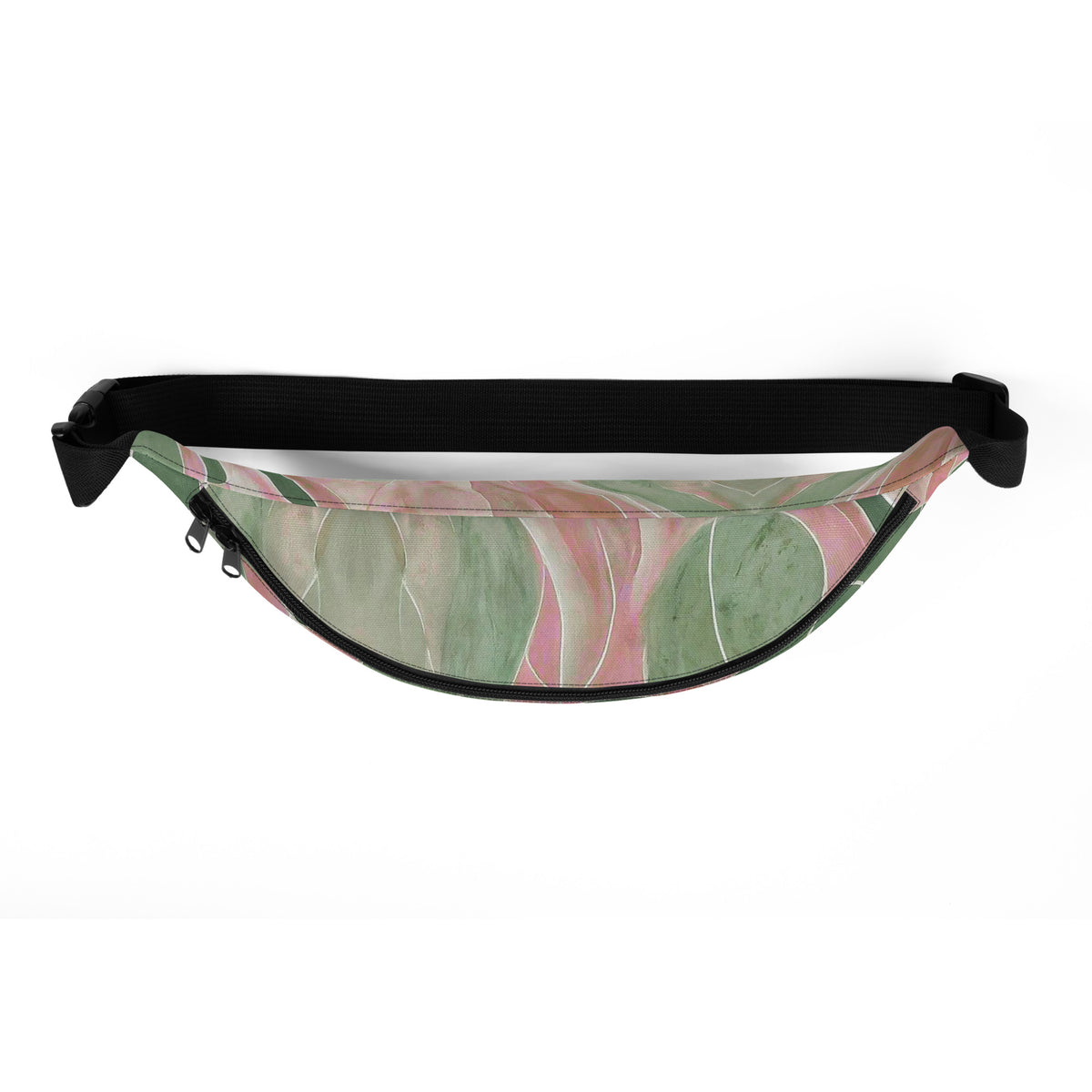 Pink and green marble print fanny pack worn as a retro abstract belt bag