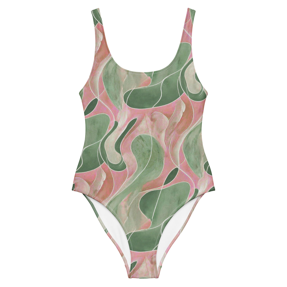 Pink and green retro abstract marble-print one-piece swimsuit with scoop neckline and cheeky fit