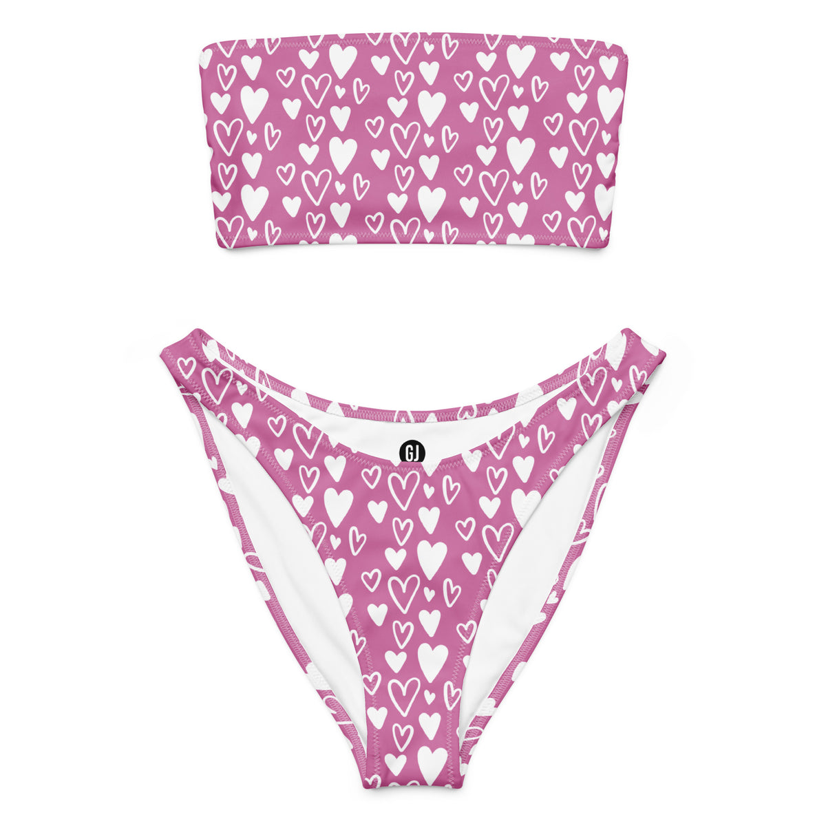 Pink and white heart print bandeau bikini with strapless top and high-waist high-leg bottom