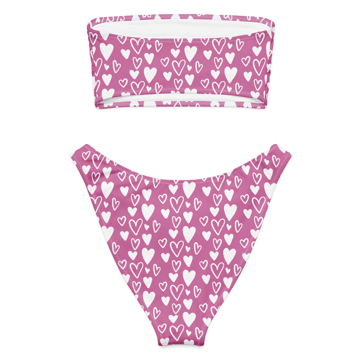 Pink and white heart print bandeau bikini with strapless top and high-waist high-leg bottom