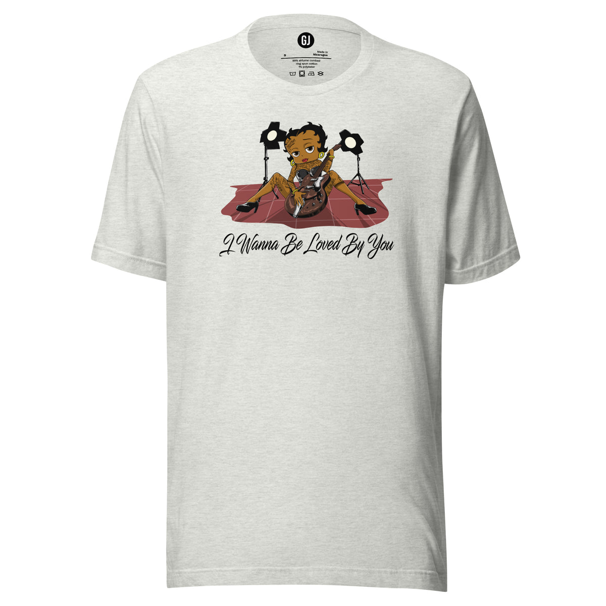 Ash Betty Boop graphic T-shirt featuring her playing an electric guitar under stage lights with I Wanna Be Loved By You text