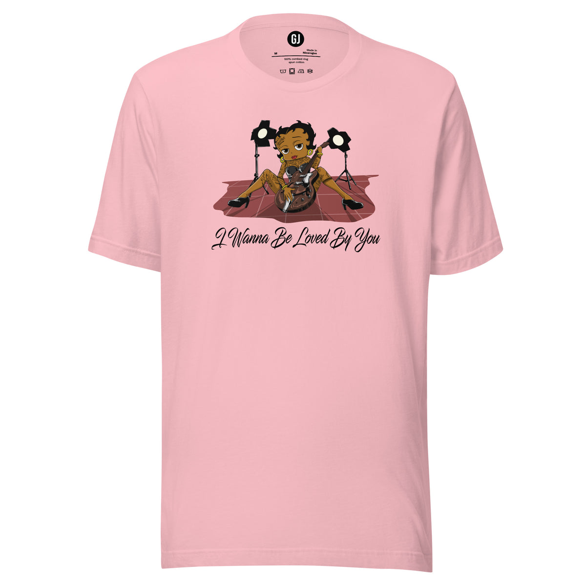 Pink Betty Boop graphic T-shirt featuring her playing an electric guitar under stage lights with I Wanna Be Loved By You text