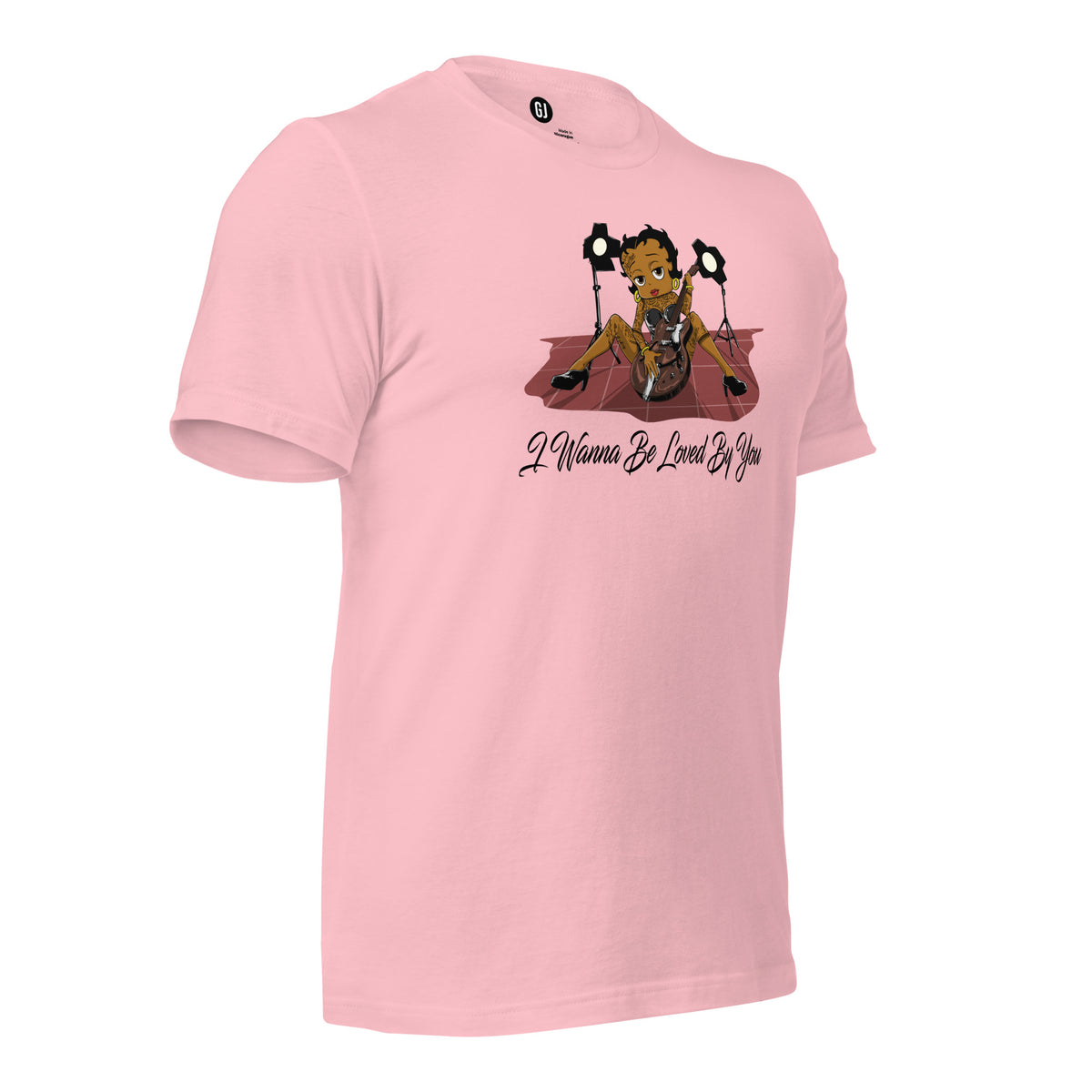 Pink Betty Boop graphic T-shirt featuring her playing an electric guitar under stage lights with I Wanna Be Loved By You text