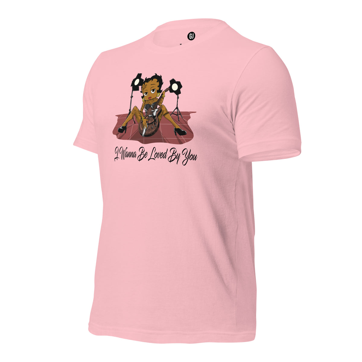 Pink Betty Boop graphic T-shirt featuring her playing an electric guitar under stage lights with I Wanna Be Loved By You text
