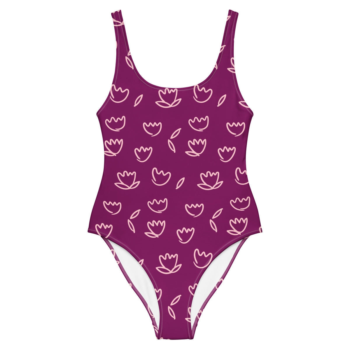 Purple one-piece swimsuit with light pink tulip floral print and scoop necklineckup