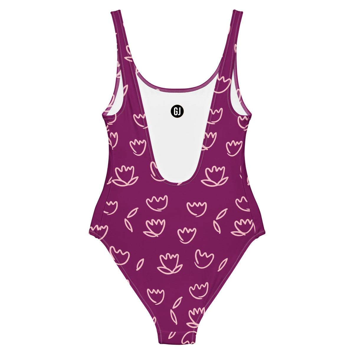 Purple one-piece swimsuit with light pink tulip floral print and scoop necklineckup
