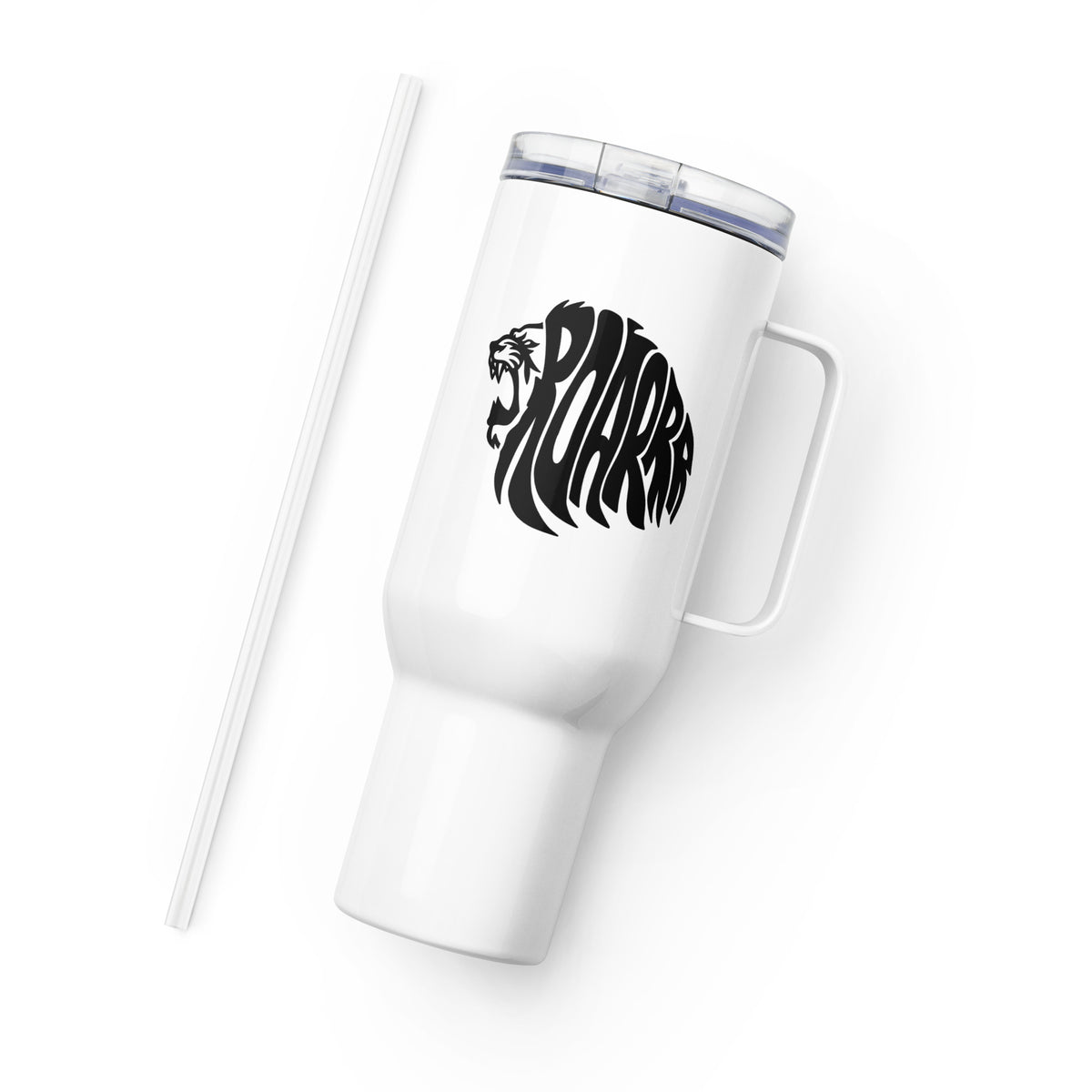 White stainless steel insulated tumbler with black ROAR lion head graphic and handle