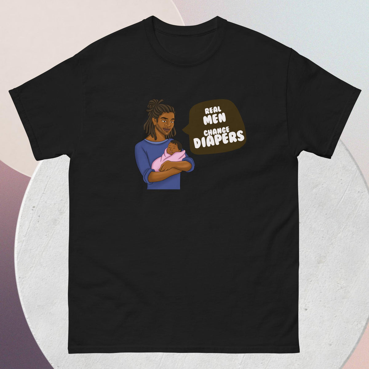 The striking black t-shirt features an African American dad tenderly cradling his infant, a powerful testament to the strength, love, and nurturing spirit of fatherhood. Accompanying this heartwarming image is the empowering quote: "Real Men Change Diapers" - a rallying cry for breaking stereotypes and embracing the hands-on role of dads in childcare.