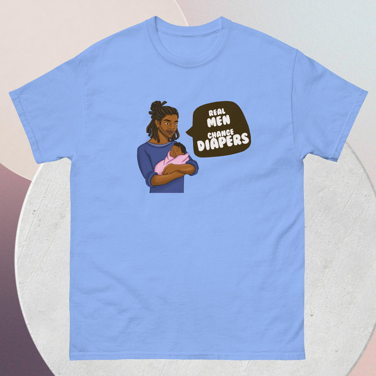 The striking carol colored t-shirt features an African American dad tenderly cradling his infant, a powerful testament to the strength, love, and nurturing spirit of fatherhood. Accompanying this heartwarming image is the empowering quote: "Real Men Change Diapers" - a rallying cry for breaking stereotypes and embracing the hands-on role of dads in childcare.