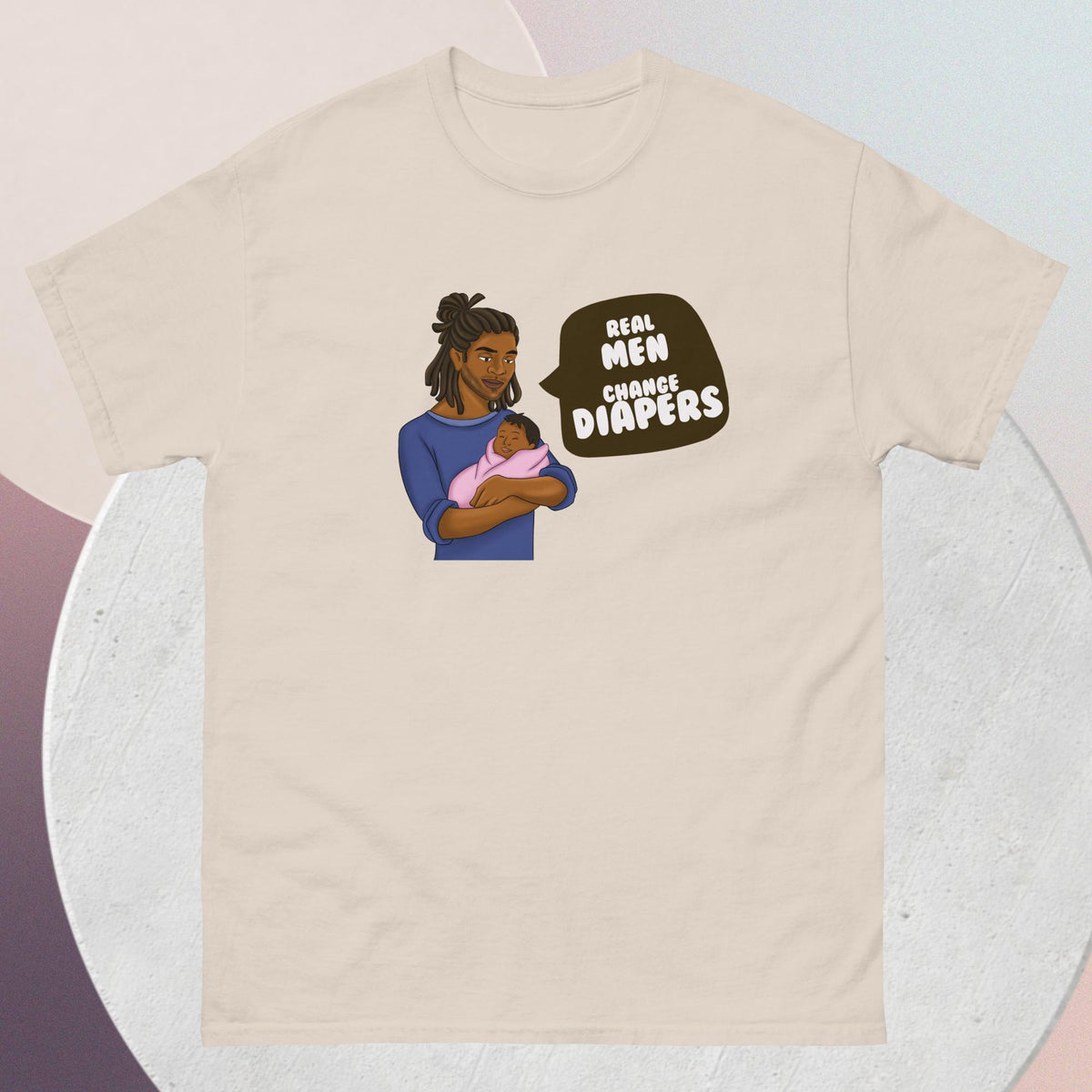 The striking natural colored t-shirt features an African American dad tenderly cradling his infant, a powerful testament to the strength, love, and nurturing spirit of fatherhood. Accompanying this heartwarming image is the empowering quote: "Real Men Change Diapers" - a rallying cry for breaking stereotypes and embracing the hands-on role of dads in childcare.