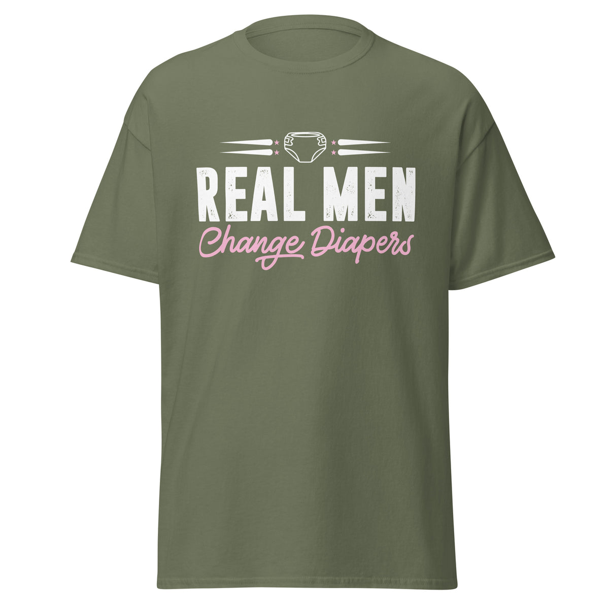 Celebrate fatherhood with our exclusive Father's Day army green t-shirt! Crafted from 100% premium cotton, showcasing a bold statement: "Real Men Change Diapers." A declaration of modern fatherhood proudly proclaiming that changing diapers is not just a mom's job—it's a real man's duty!