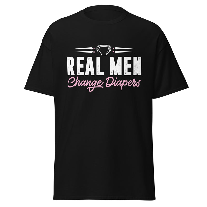 Celebrate fatherhood with our exclusive Father's Day black t-shirt! Crafted from 100% premium cotton, showcasing a bold statement: "Real Men Change Diapers." A declaration of modern fatherhood proudly proclaiming that changing diapers is not just a mom's job—it's a real man's duty!