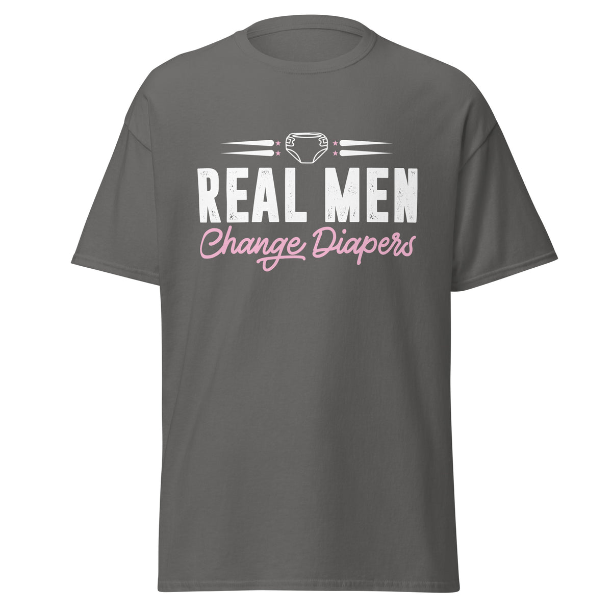 Celebrate fatherhood with our exclusive Father's Day charcoal t-shirt! Crafted from 100% premium cotton, showcasing a bold statement: "Real Men Change Diapers." A declaration of modern fatherhood proudly proclaiming that changing diapers is not just a mom's job—it's a real man's duty!