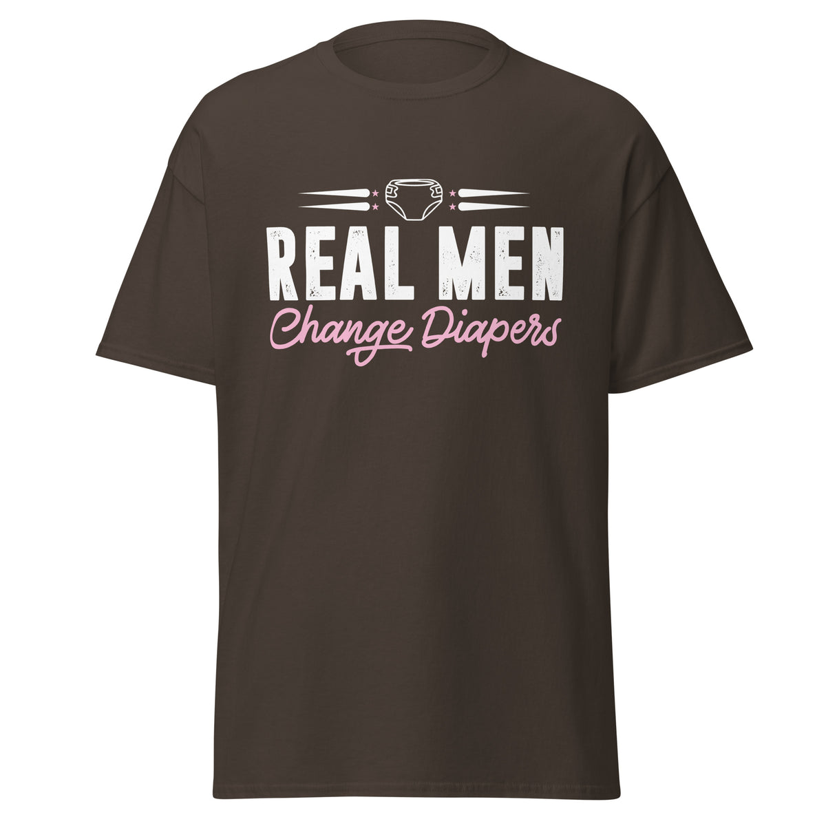 Celebrate fatherhood with our exclusive Father's Day chocolate t-shirt! Crafted from 100% premium cotton, showcasing a bold statement: "Real Men Change Diapers." A declaration of modern fatherhood proudly proclaiming that changing diapers is not just a mom's job—it's a real man's duty!