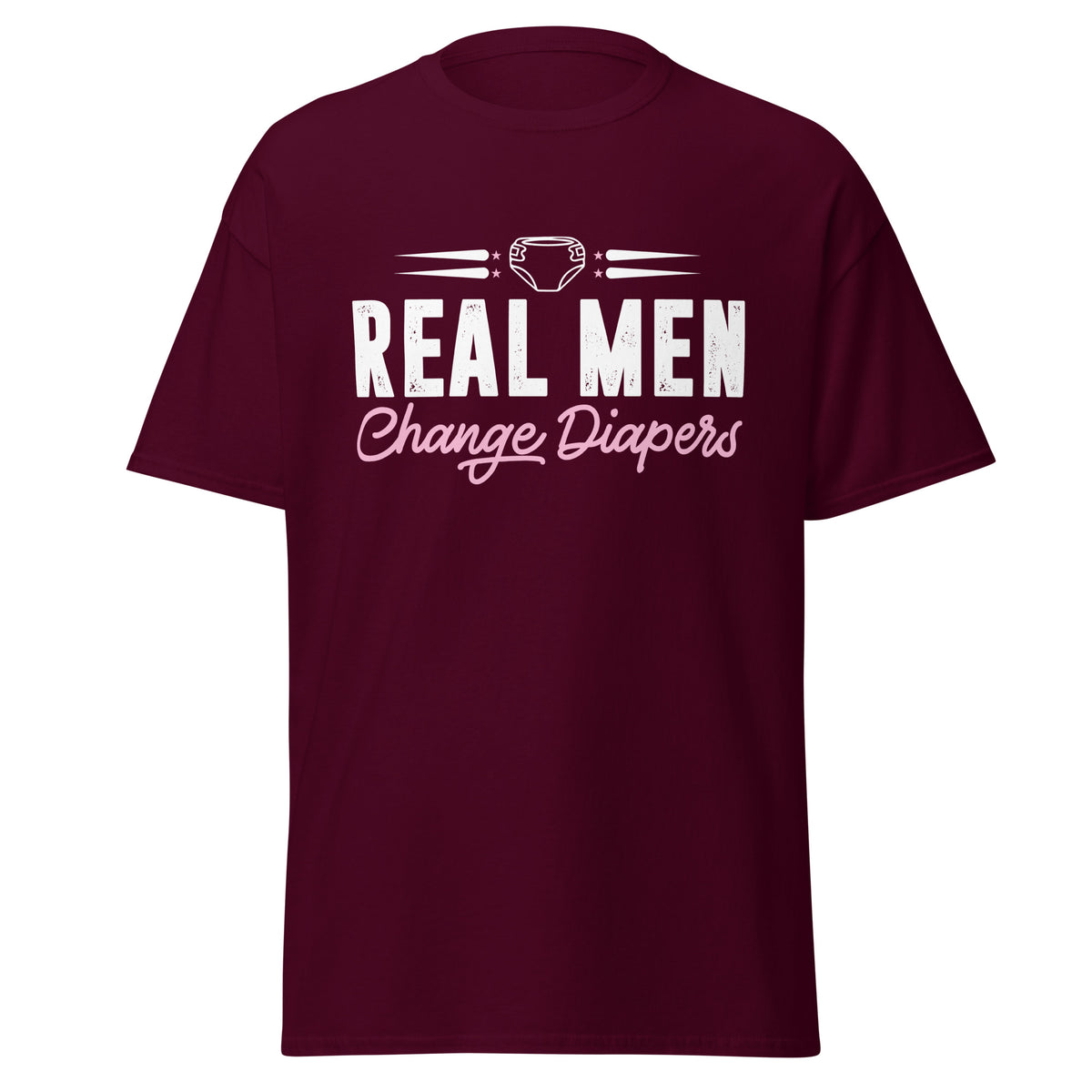 Celebrate fatherhood with our exclusive Father's Day maroon t-shirt! Crafted from 100% premium cotton, showcasing a bold statement: "Real Men Change Diapers." A declaration of modern fatherhood proudly proclaiming that changing diapers is not just a mom's job—it's a real man's duty!