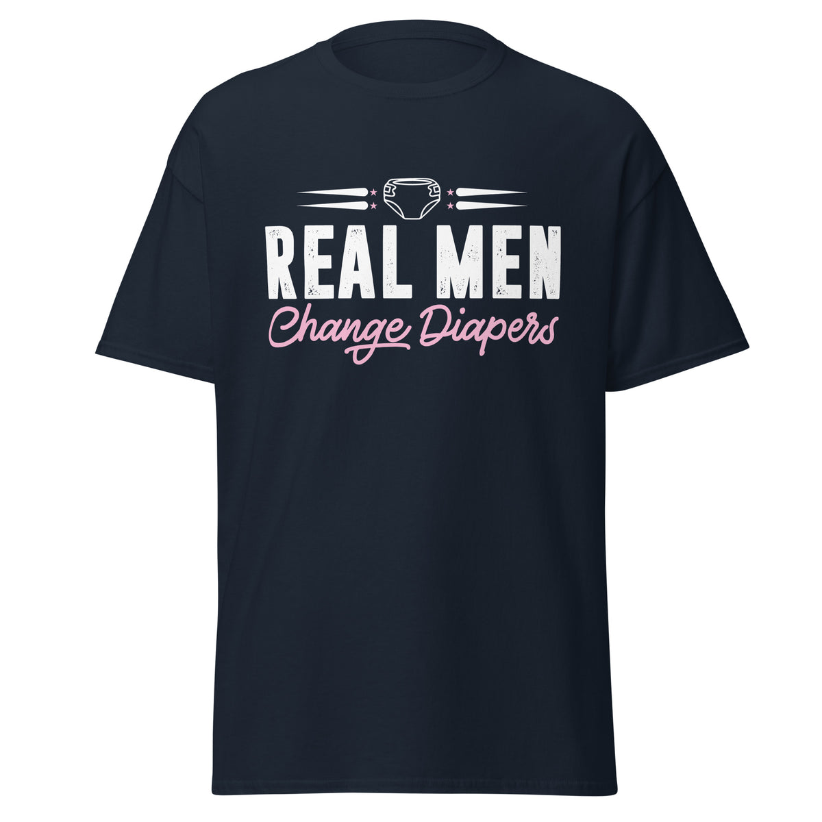 Celebrate fatherhood with our exclusive Father's Day navy blue t-shirt! Crafted from 100% premium cotton, showcasing a bold statement: "Real Men Change Diapers." A declaration of modern fatherhood proudly proclaiming that changing diapers is not just a mom's job—it's a real man's duty!