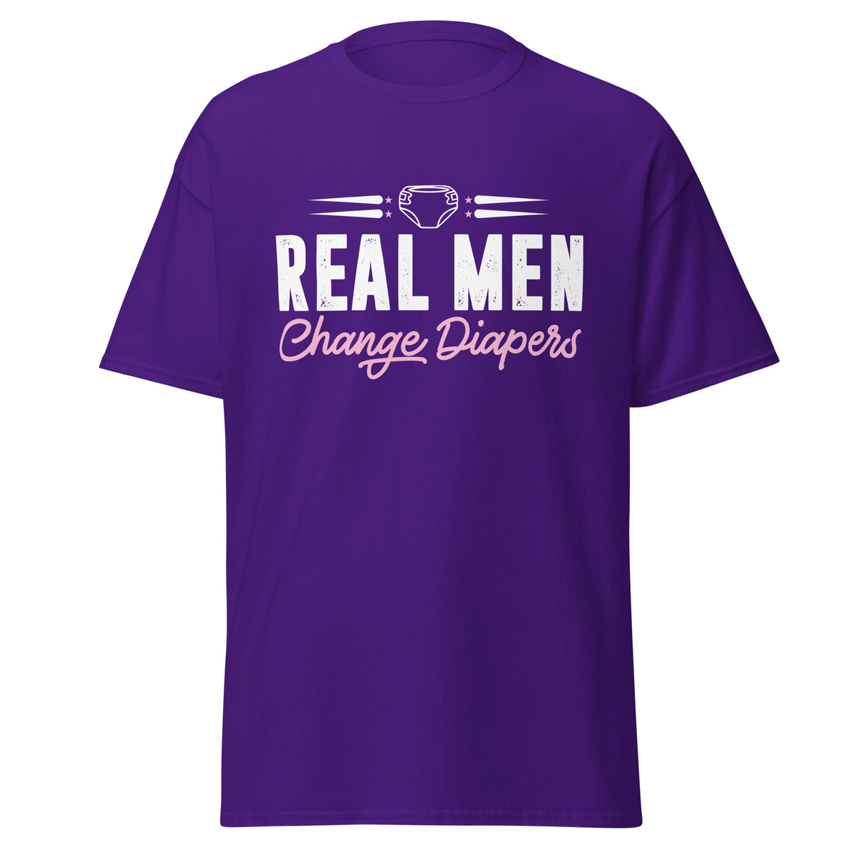 Celebrate fatherhood with our exclusive Father's Day purple t-shirt! Crafted from 100% premium cotton, showcasing a bold statement: "Real Men Change Diapers." A declaration of modern fatherhood proudly proclaiming that changing diapers is not just a mom's job—it's a real man's duty!