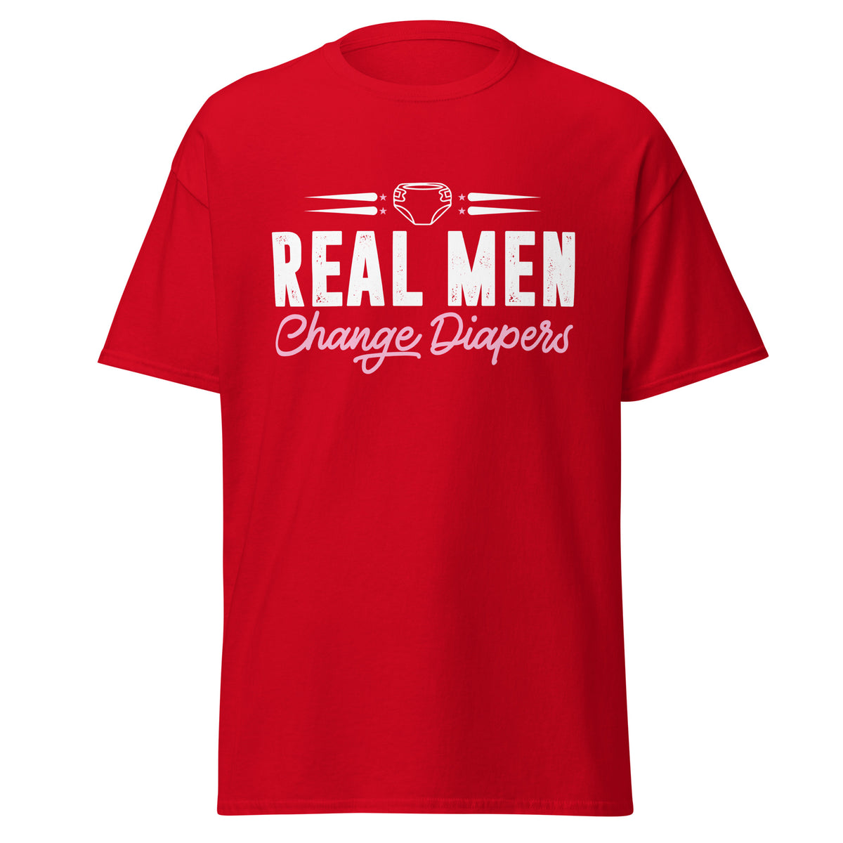 Celebrate fatherhood with our exclusive Father's Day red t-shirt! Crafted from 100% premium cotton, showcasing a bold statement: "Real Men Change Diapers." A declaration of modern fatherhood proudly proclaiming that changing diapers is not just a mom's job—it's a real man's duty!