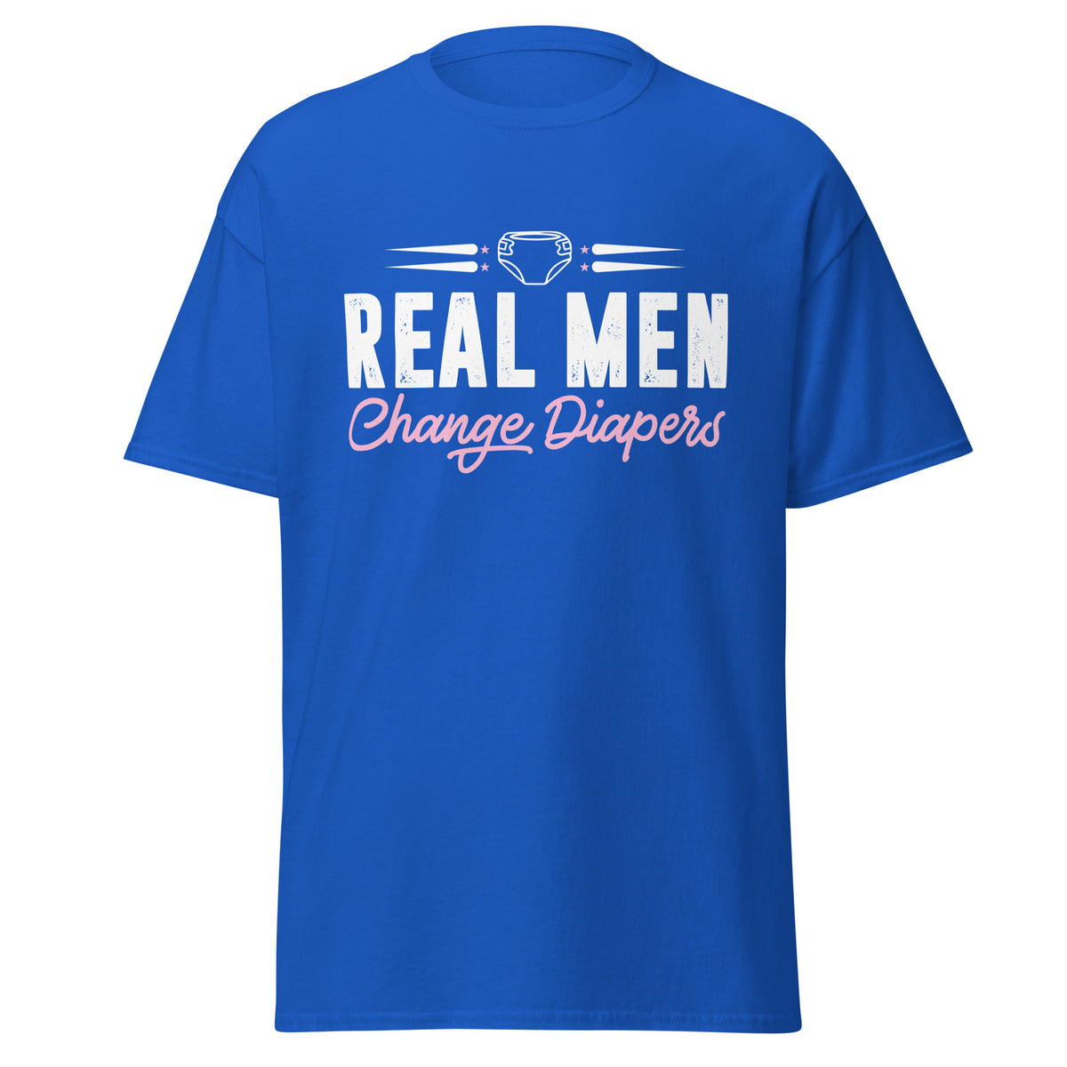 Celebrate fatherhood with our exclusive Father's Day royal blue t-shirt! Crafted from 100% premium cotton, showcasing a bold statement: "Real Men Change Diapers." A declaration of modern fatherhood proudly proclaiming that changing diapers is not just a mom's job—it's a real man's duty!